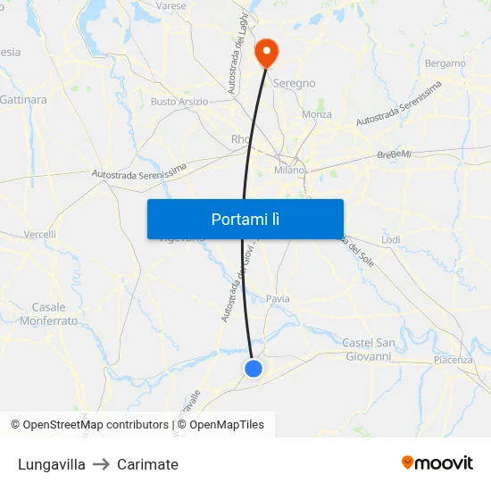 Lungavilla to Carimate map