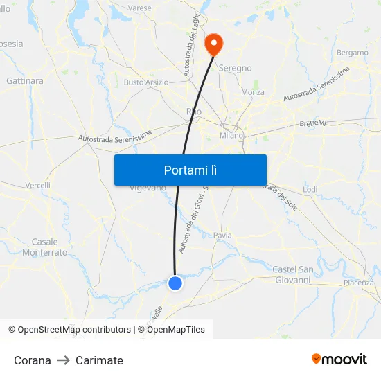 Corana to Carimate map