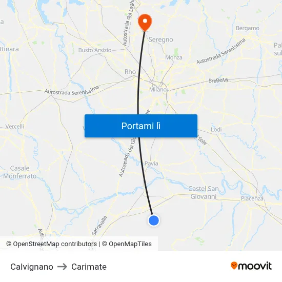 Calvignano to Carimate map