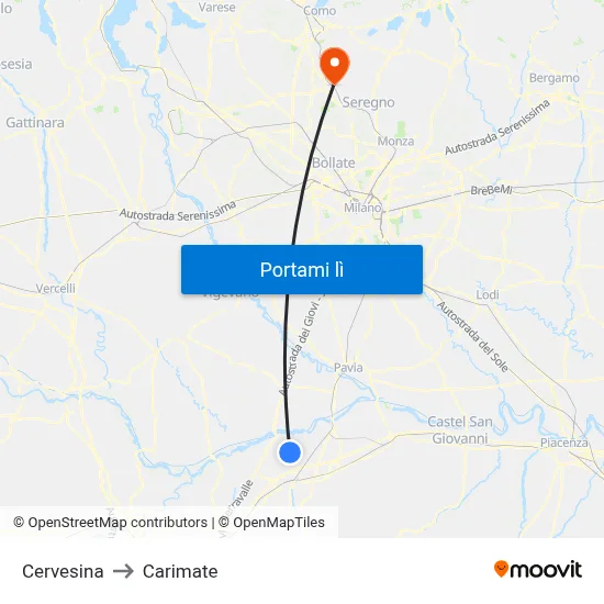 Cervesina to Carimate map