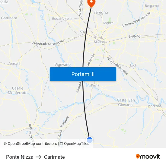 Ponte Nizza to Carimate map