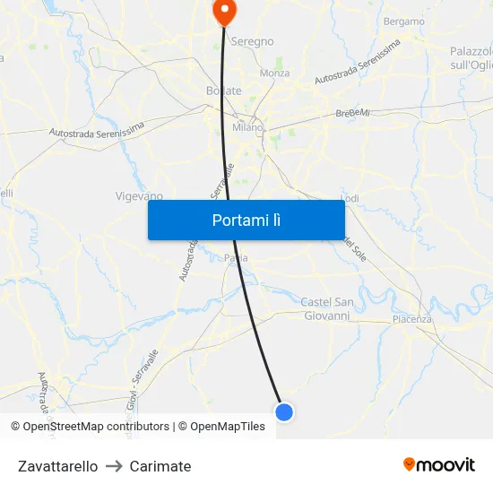 Zavattarello to Carimate map