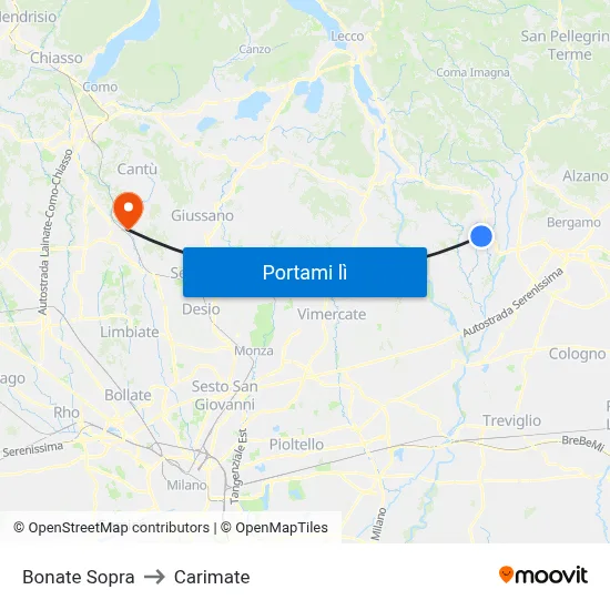 Bonate Sopra to Carimate map