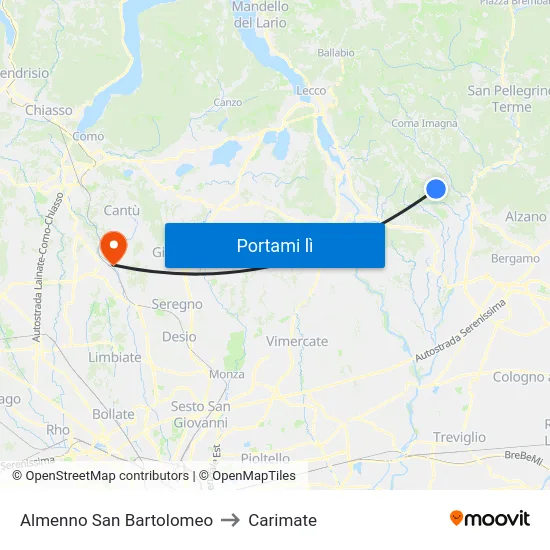 Almenno San Bartolomeo to Carimate map