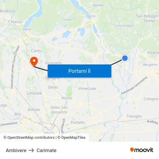 Ambivere to Carimate map