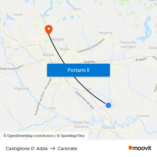 Castiglione D' Adda to Carimate map