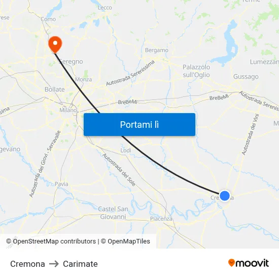 Cremona to Carimate map