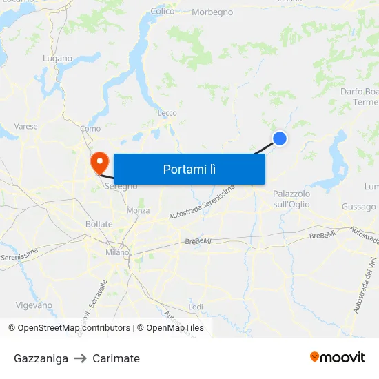 Gazzaniga to Carimate map