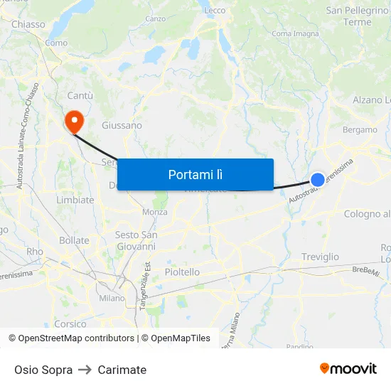 Osio Sopra to Carimate map