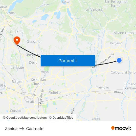Zanica to Carimate map