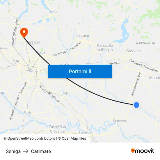 Seniga to Carimate map