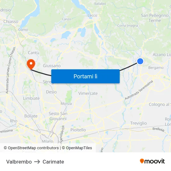 Valbrembo to Carimate map