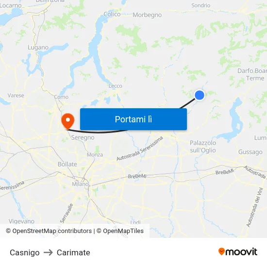 Casnigo to Carimate map