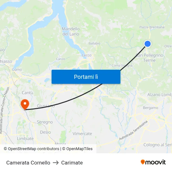 Camerata Cornello to Carimate map
