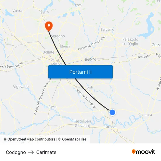 Codogno to Carimate map