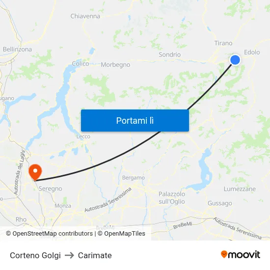 Corteno Golgi to Carimate map