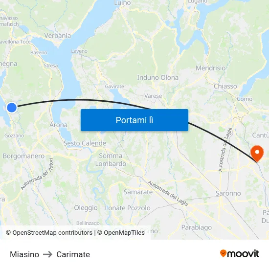 Miasino to Carimate map