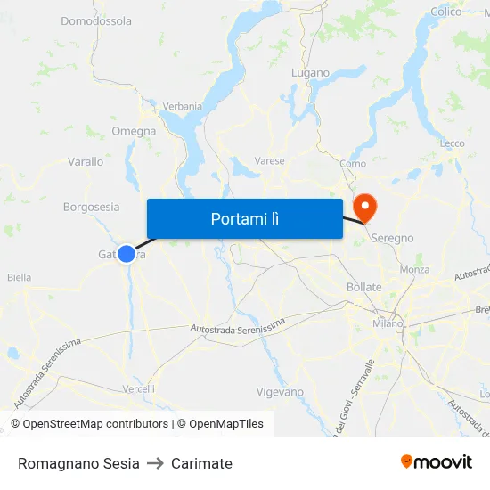 Romagnano Sesia to Carimate map