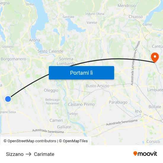 Sizzano to Carimate map