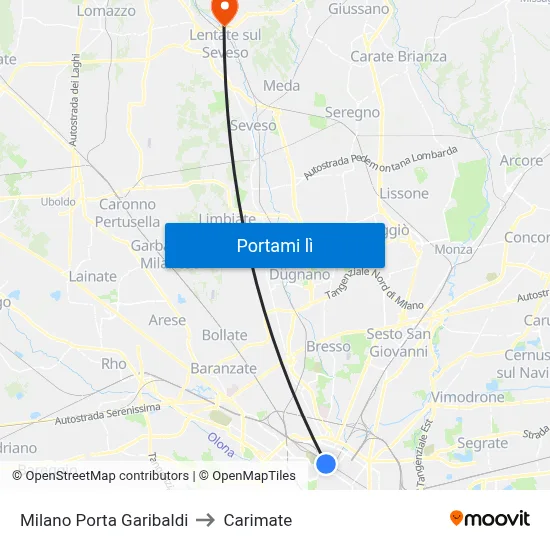 Milano Porta Garibaldi to Carimate map