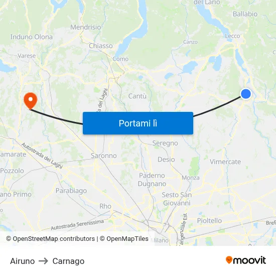 Airuno to Carnago map
