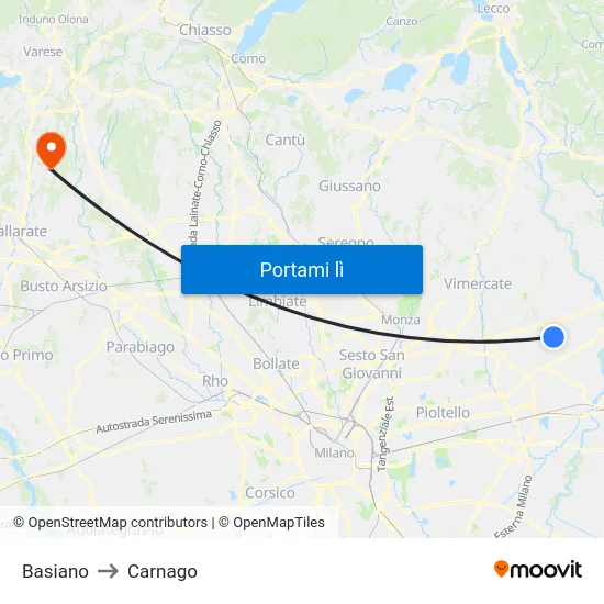Basiano to Carnago map