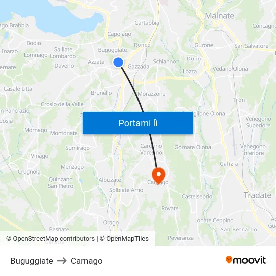 Buguggiate to Carnago map