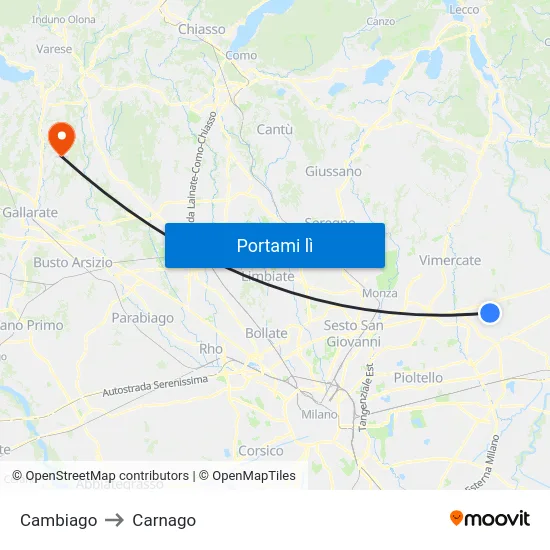Cambiago to Carnago map
