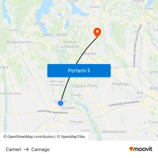 Cameri to Carnago map