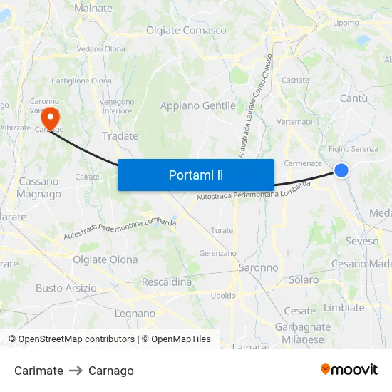 Carimate to Carnago map