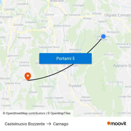 Castelnuovo Bozzente to Carnago map