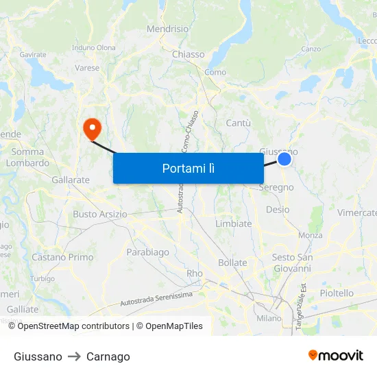 Giussano to Carnago map