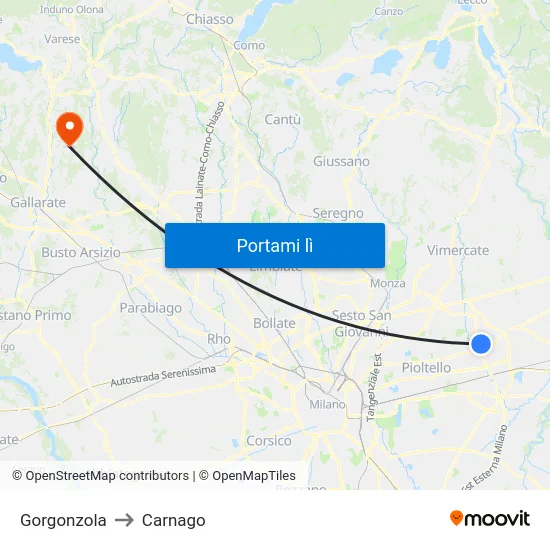 Gorgonzola to Carnago map
