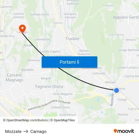 Mozzate to Carnago map