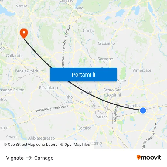 Vignate to Carnago map