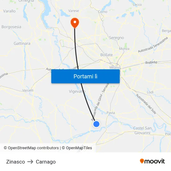 Zinasco to Carnago map
