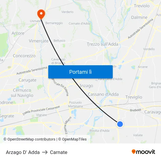 Arzago D' Adda to Carnate map