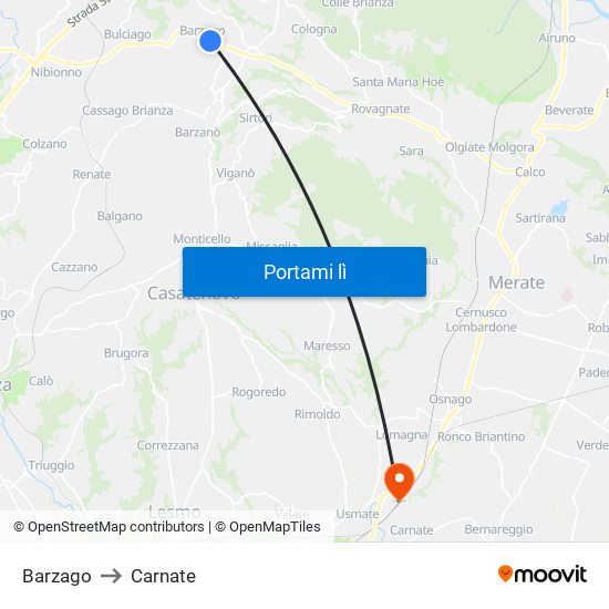 Barzago to Carnate map