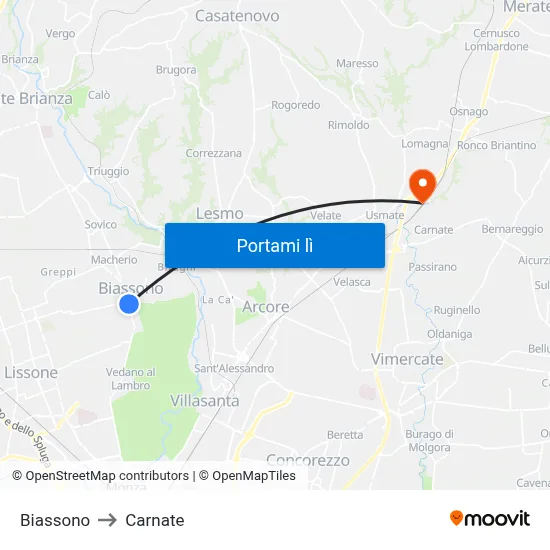 Biassono to Carnate map