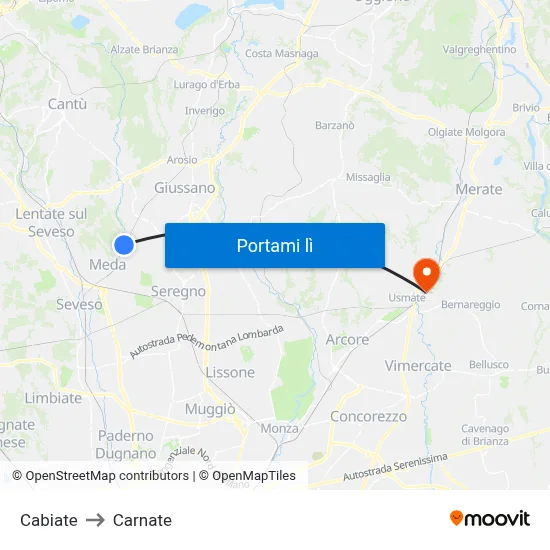 Cabiate to Carnate map