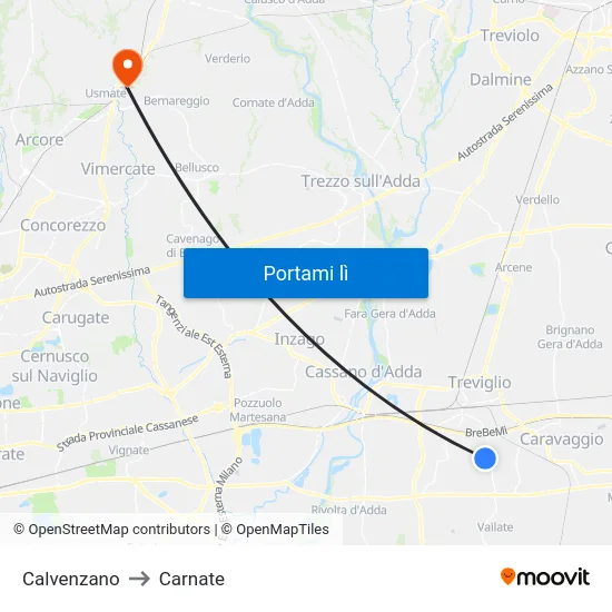 Calvenzano to Carnate map