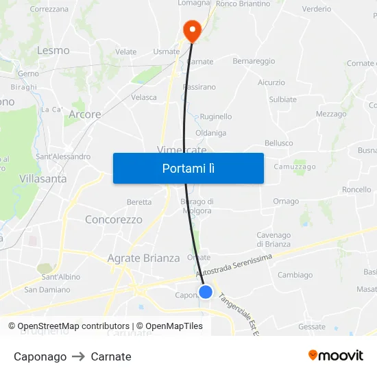 Caponago to Carnate map