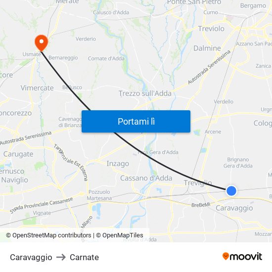 Caravaggio to Carnate map