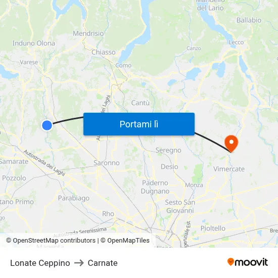 Lonate Ceppino to Carnate map