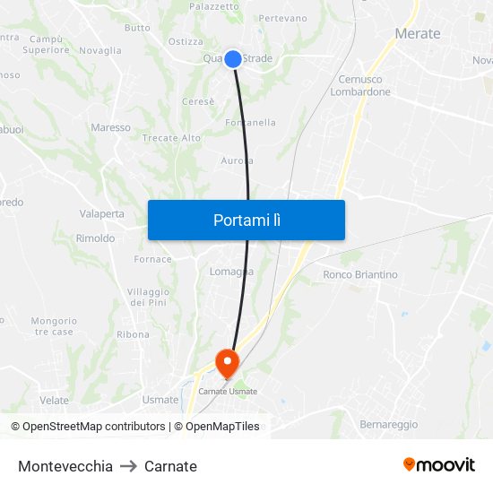 Montevecchia to Carnate map