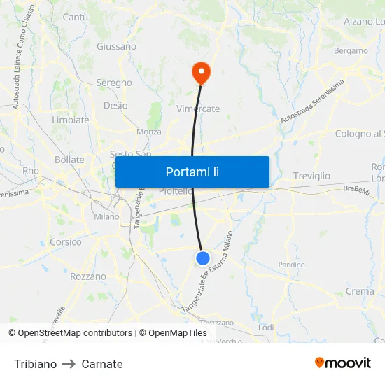 Tribiano to Carnate map