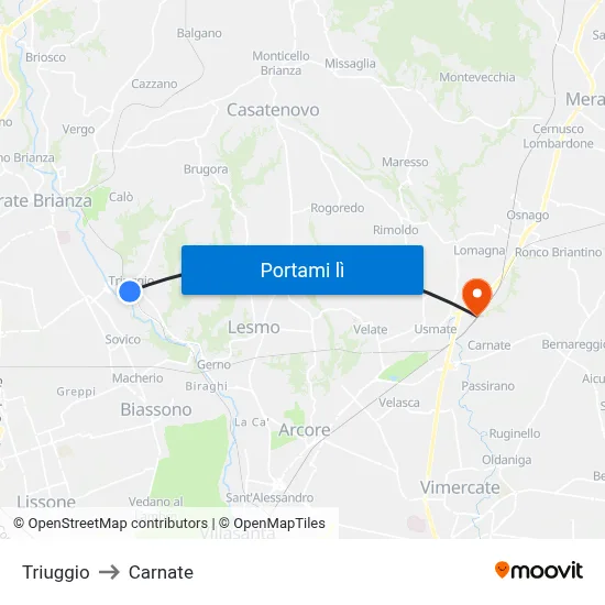 Triuggio to Carnate map