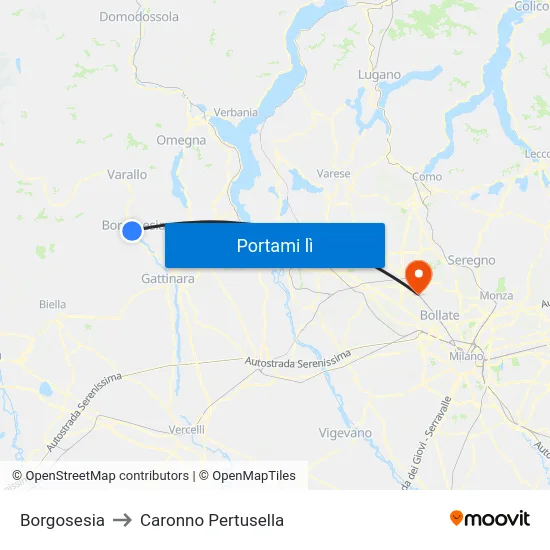 Borgosesia to Caronno Pertusella map