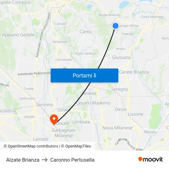 Alzate Brianza to Caronno Pertusella map
