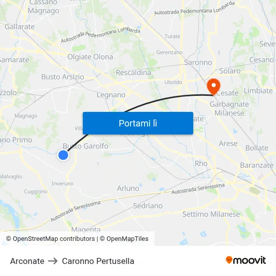 Arconate to Caronno Pertusella map